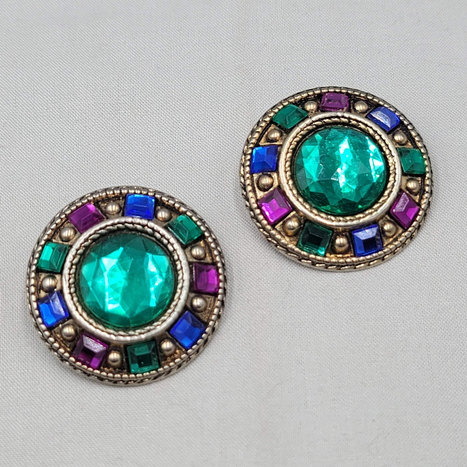 Vintage Large Green Purple Blue Clip on Earrings Silver tone 1.5″