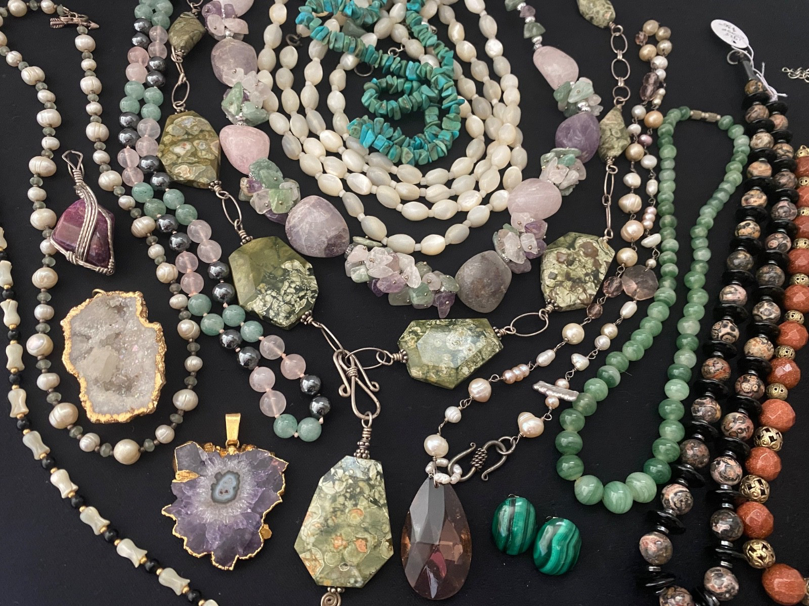 Lot 15 Vintage Semi-Precious Gemstone Jewelry Malachite Turquoise Jade Quartz