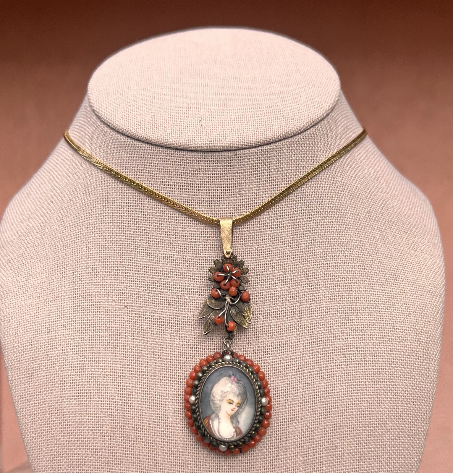 Antique Yellow Gold + Silver Coral Seed Pearls Hand Painted Portrait Pendant