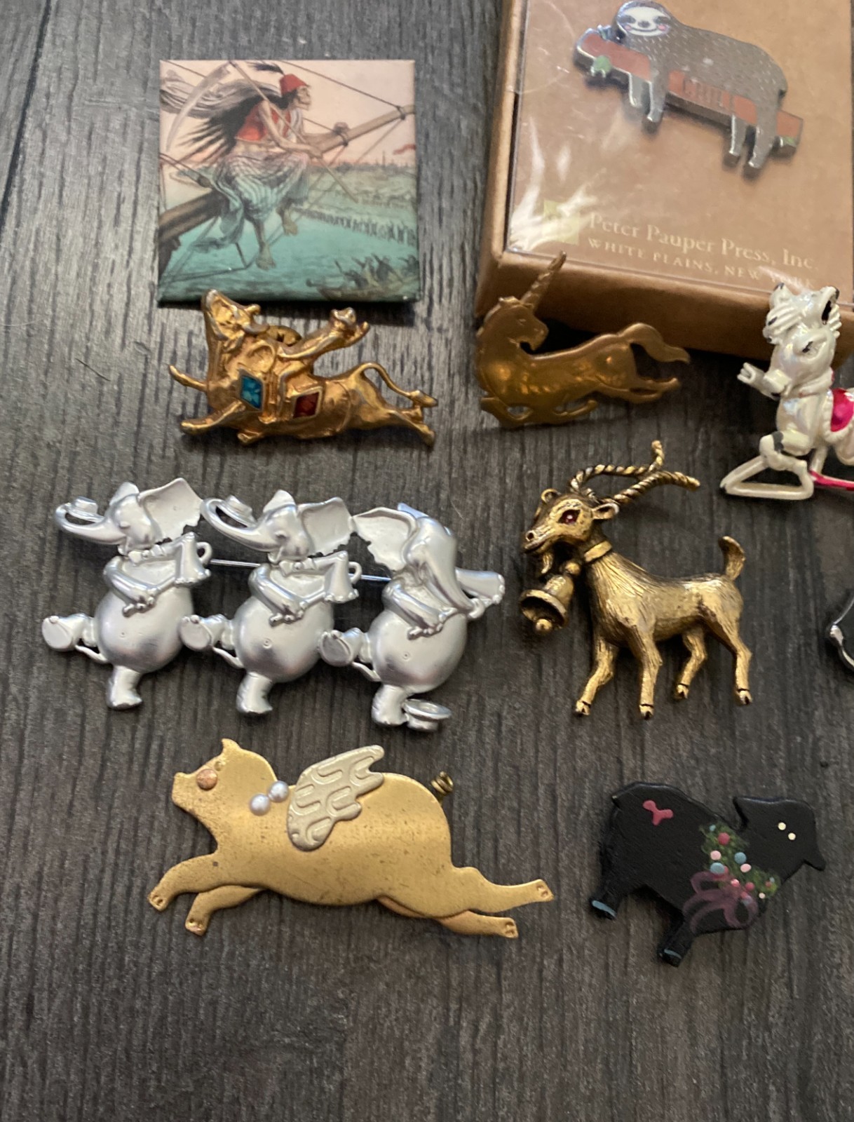 Vintage Lot Of 12 Animal Brooch/Pins Mixed Materials Bull-Sheep-Pig-Dog-Seal Etc