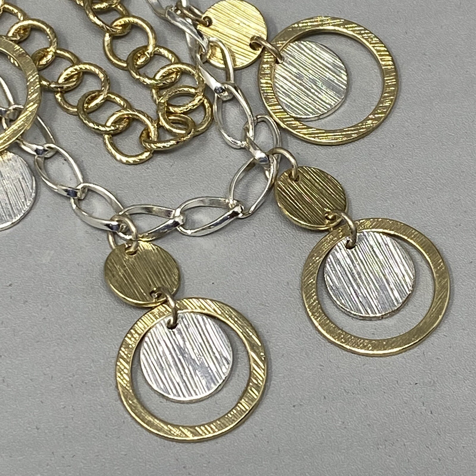 Fringe Disc Necklace Two Tone Gold Silver Layered Brushed Chain Collar Bib 18″