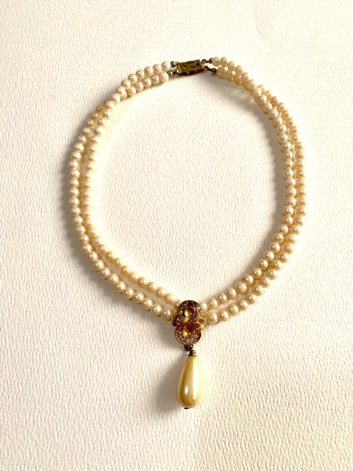 Vintage Estate Faux Cream Pearl Gold Tone Rhinestone Drop with Fish Hook Clasp