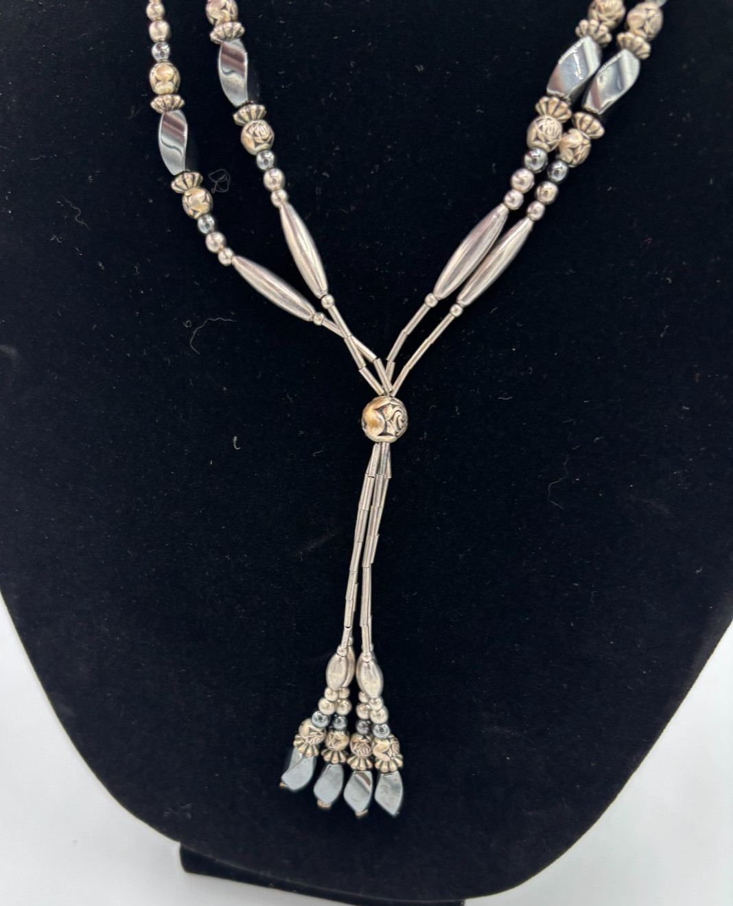 Vintage Southwestern Liquid Silver Hematite Multi Strand Lariat Tassel Necklace