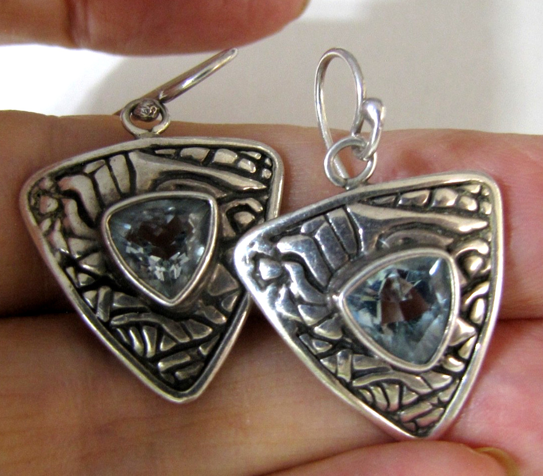 Vintage Sterling Silver Trillion Blue Topaz Tribal Shield Earrings Signed DC 925