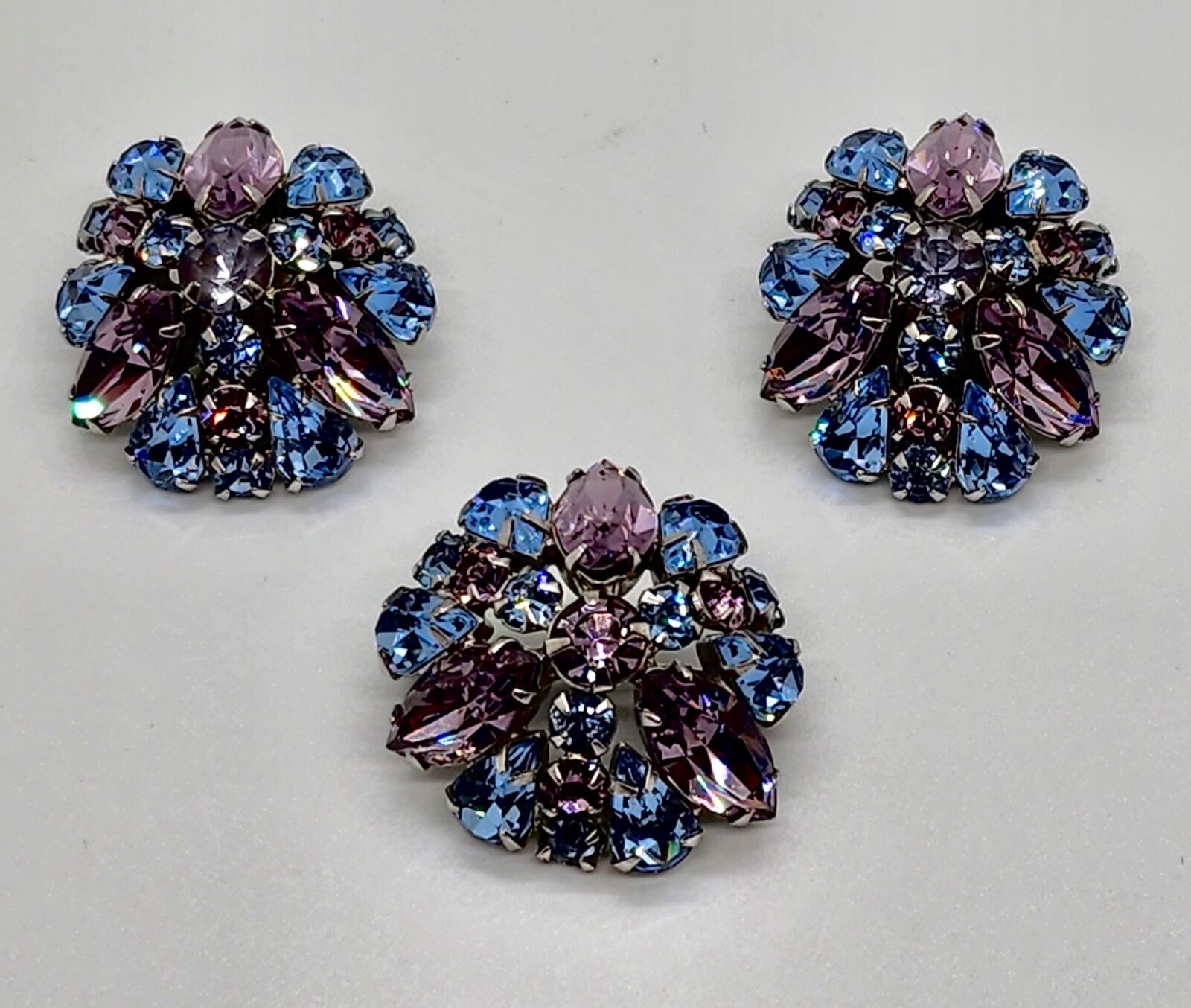 Alice Caviness blue and purple rhinestone earrings signed with brooch