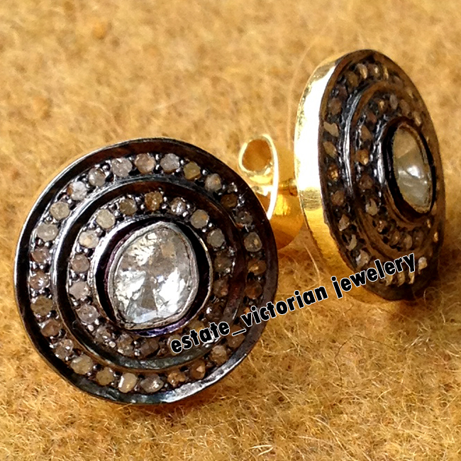 1.42Ctw Genuine Old Mine Rose Antique Cut Diamond Silver Victorian Studs Earring