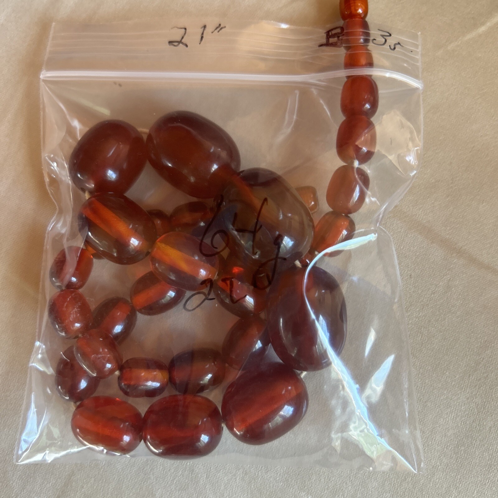 VINTAGE 64g GORGEOUS BAKELITE CHERRY AMBER TRANSLUCENT BEADS 21” NECKLACE Test