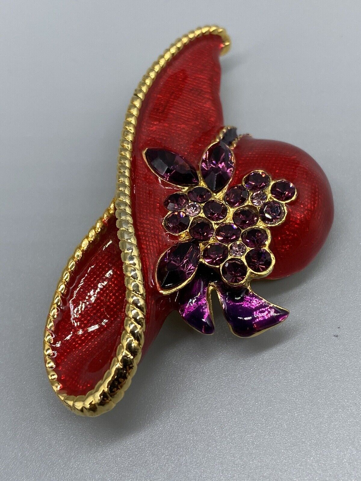 Vintage Lady Hat Red Enamel Floral Ribbon Purple Rhinestone Gold Tone Brooch Pin