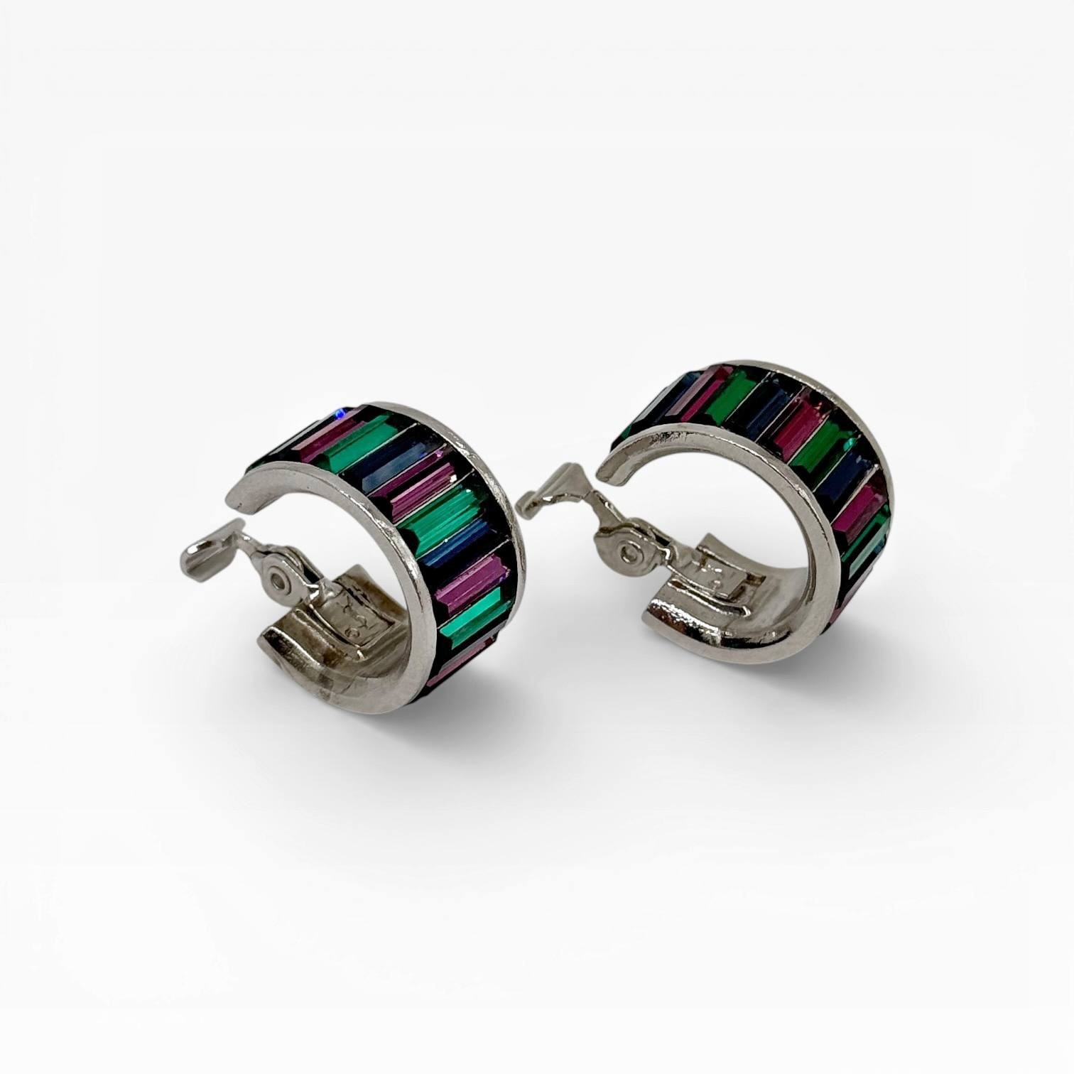 Vintage Yves Saint Laurent Crystal Hoop Clip Earrings France 1980s