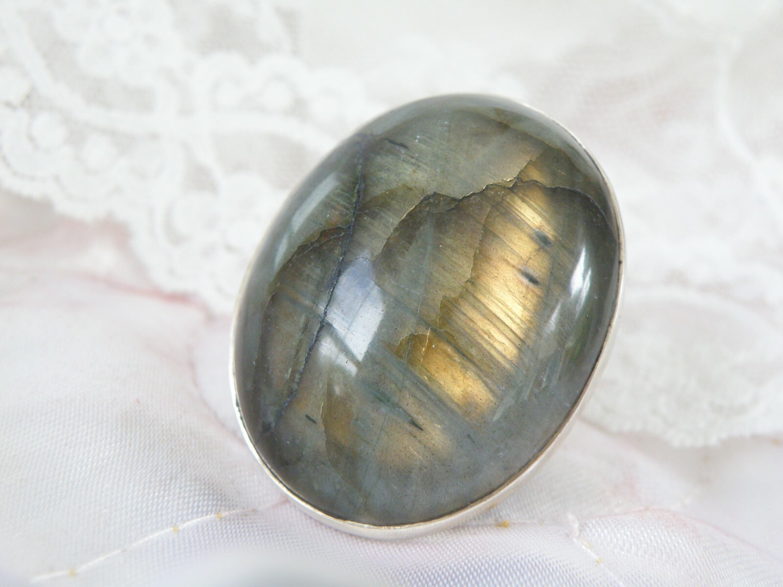 Vintage HUGE Sterling Silver 925 Natural Labradorite Statement Ring Size 7