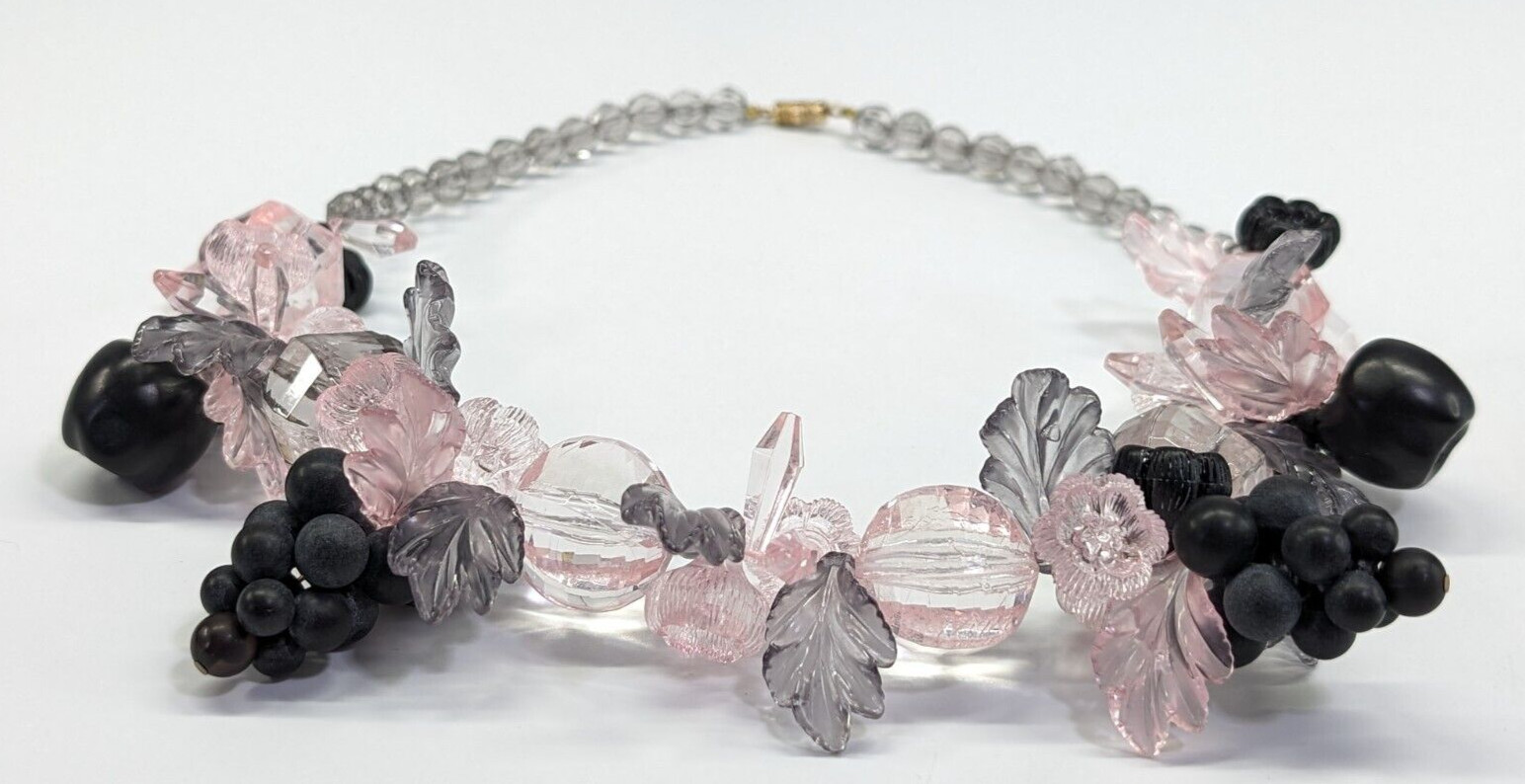 Vintage Pink Purple Black Acrylic Leaves Grapes Vine Beaded Statement Necklace