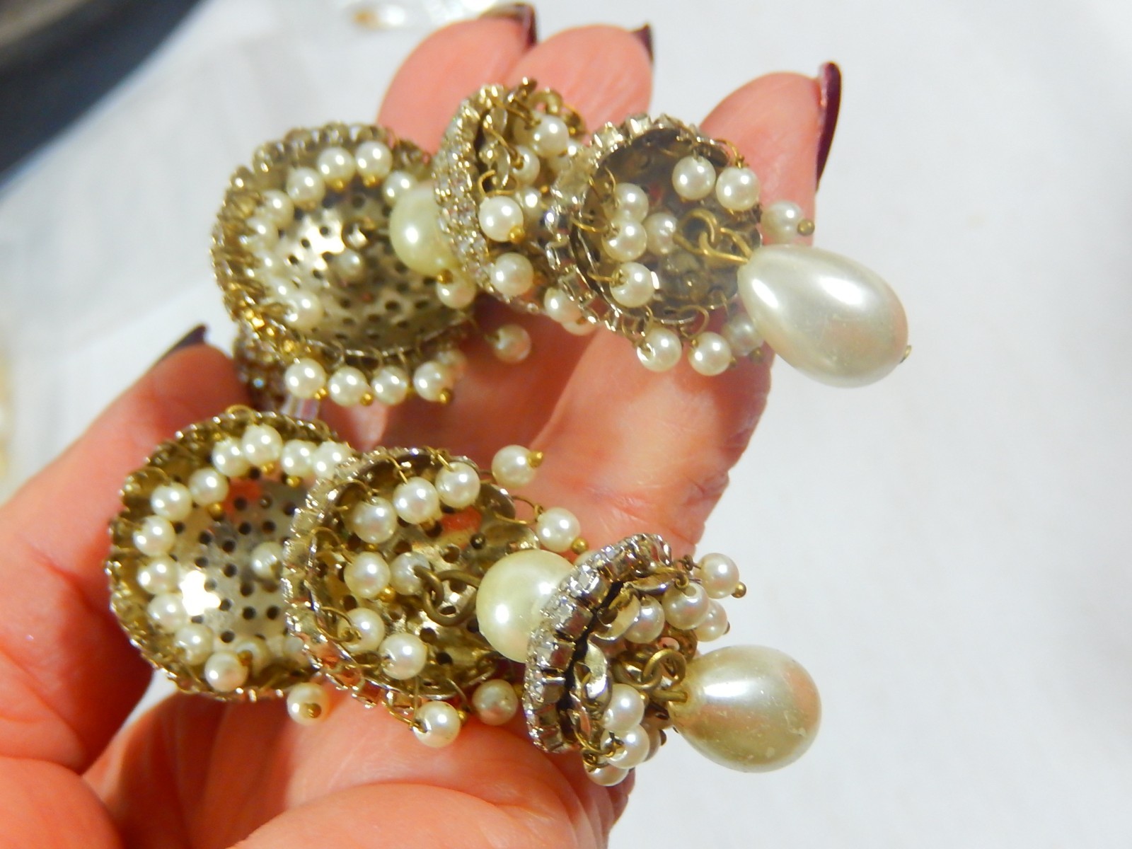 AMAZING 60s VTG DECO RHINESTONE FAUX PEARL 3 TIER CHANDELIER EARRINGS RUNWAY