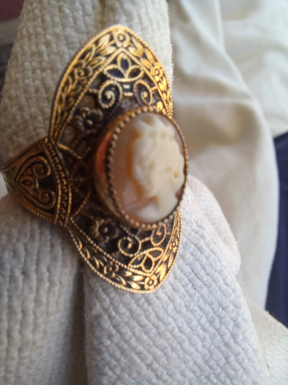 VINTAGE ART DECO JOE ESPOSITO ESPO CARVED SHELL CAMEO 18K HGE FILIGREE RING 7.25