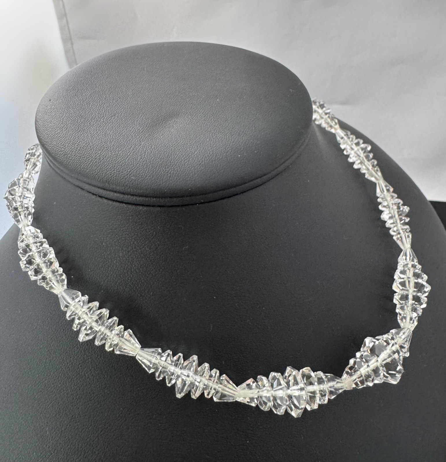 Art Deco Czech Cut Crystal Choker Necklace w 925 Fish Hook Clasp 16″