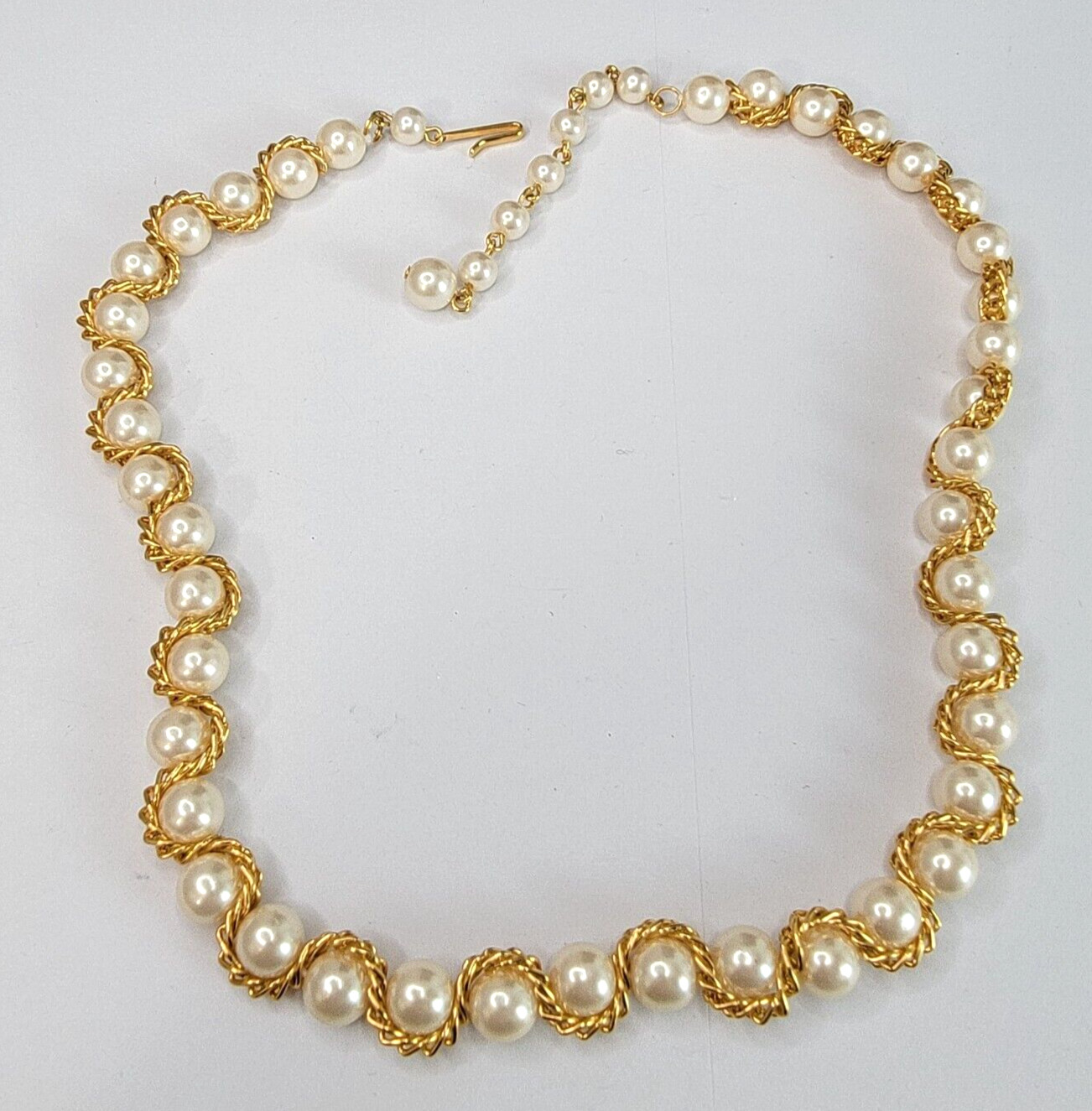 Gold Tone Chain Wrapped Faux-Pearl Necklace 19 Inch Cream Color Hook Clasp