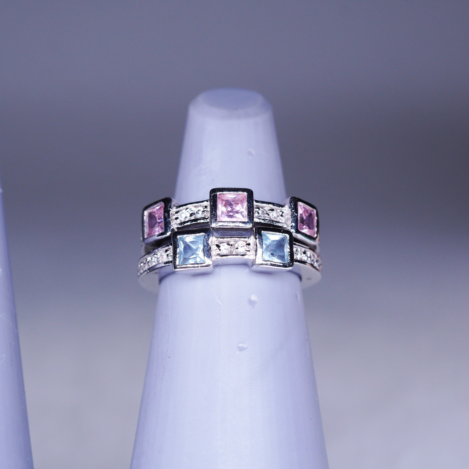1990’s 18K White Gold-Plated Pink and Blue square stone 2 ring stack