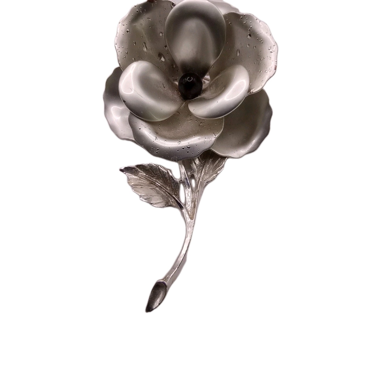 Vintage Lisner Silver Tone Flower Brooch Textured Black Bead Pin 3 1/2 by 2 1/2