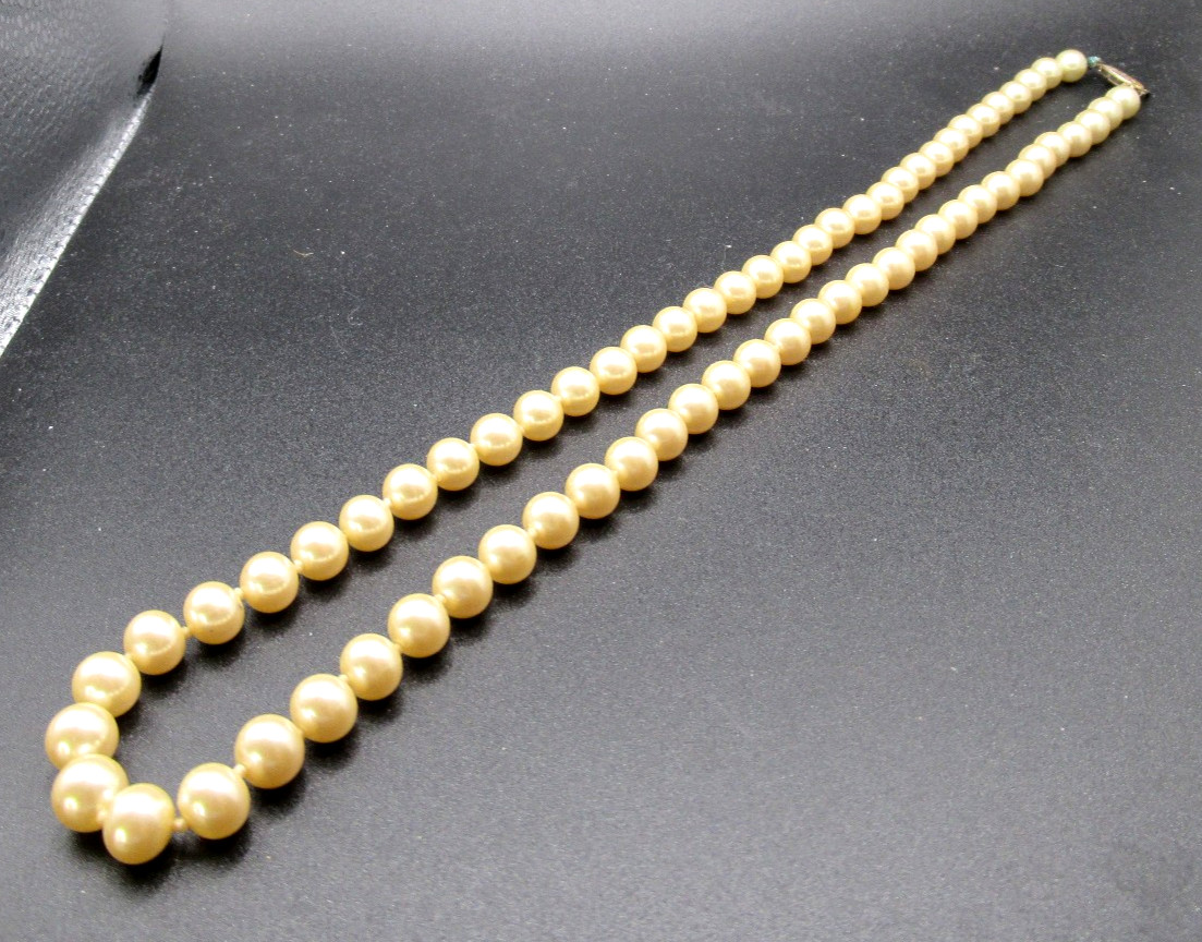 Vintage Japan 24″ Strand Knotted Imitation Pearl Necklace Fish Hook Clasp