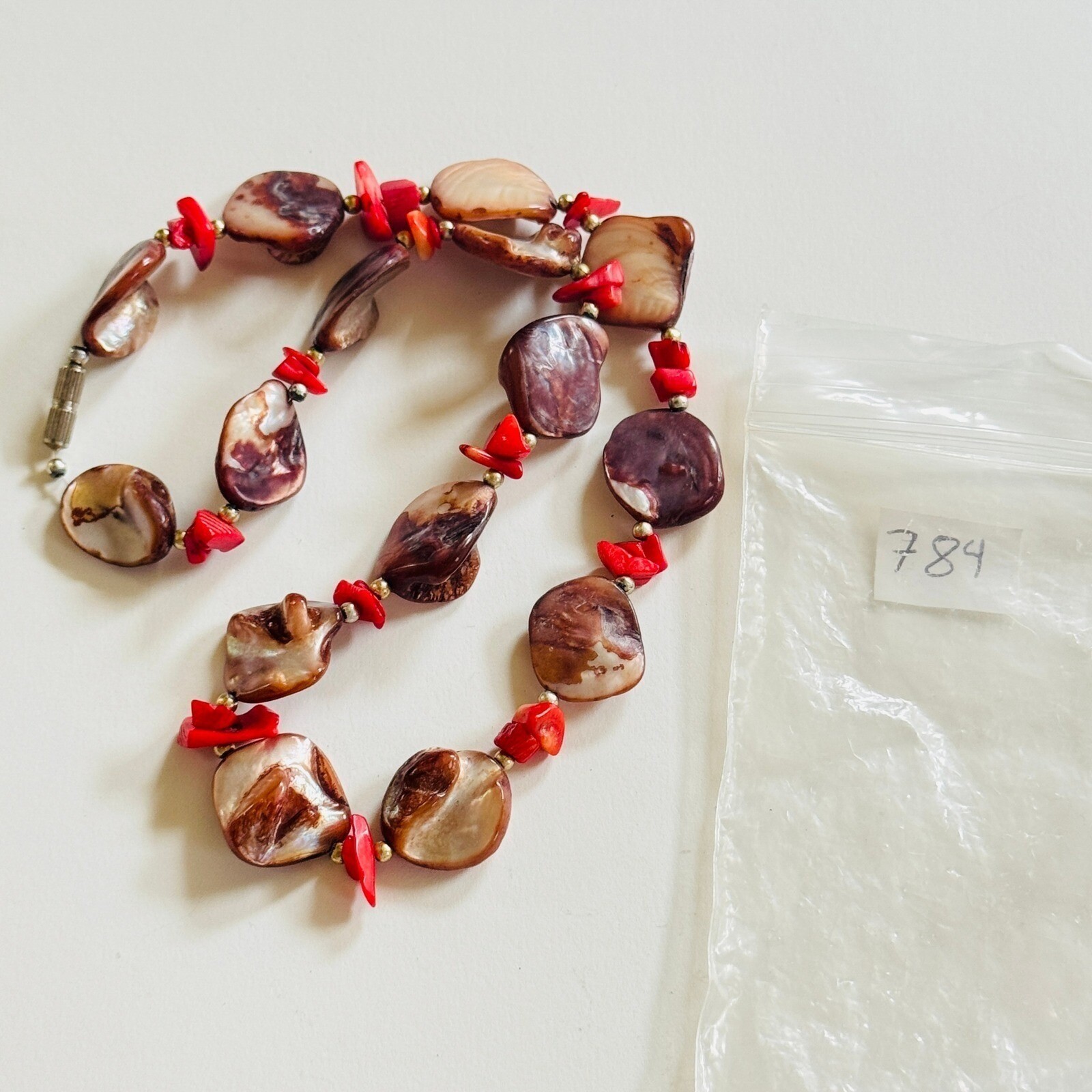 VTG BOHO chunky Coral Abalone Shell Natural Necklace Collar Genuine Beads 17″L