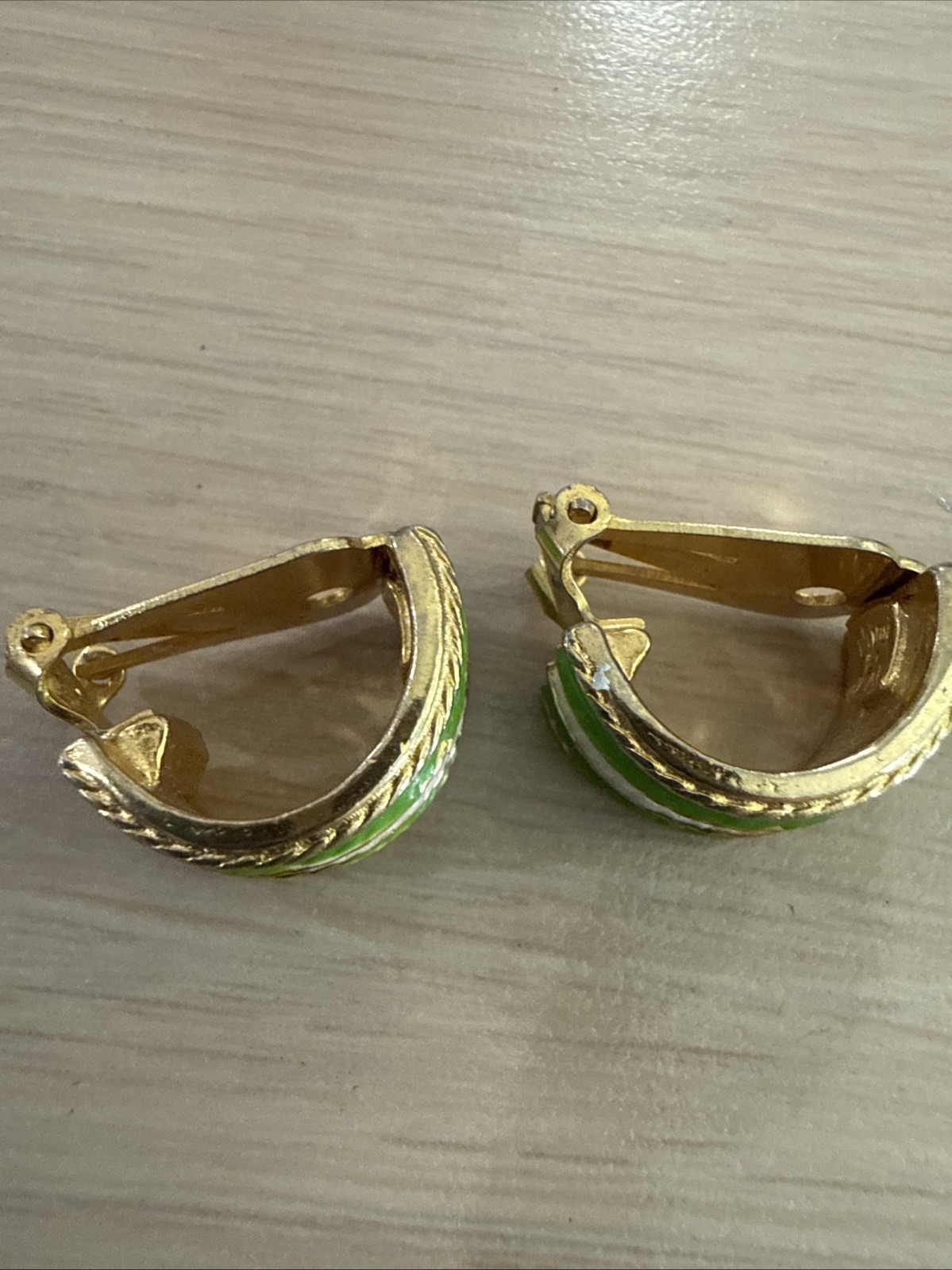 MIMI DI N Lime Green And White Striped Enamel Half Hoop Clip Earrings Gold Tone