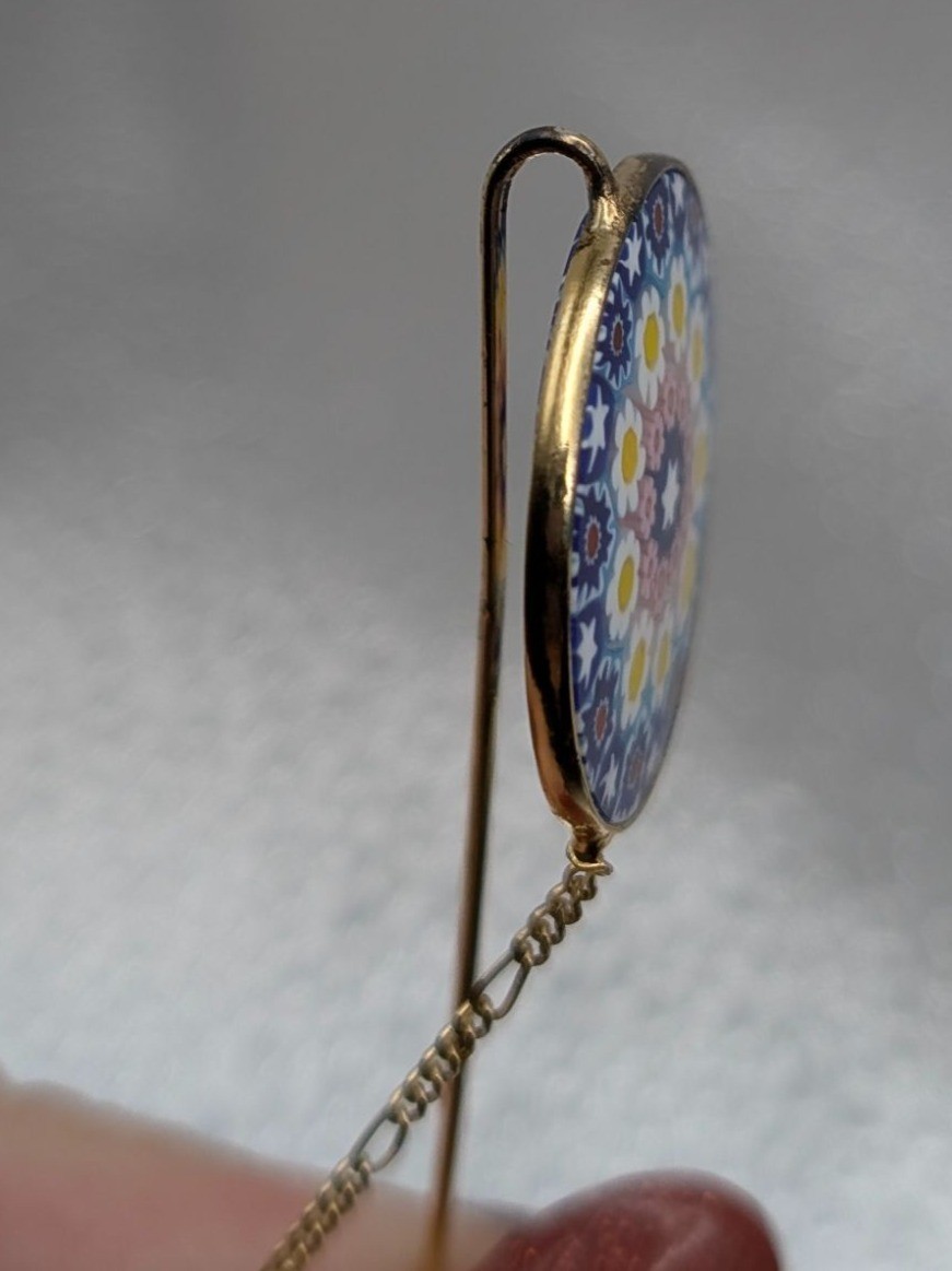 Vintage Italian Millefiori Glass Stick Pin With Gold-Tone Chain & Safety Clasp F
