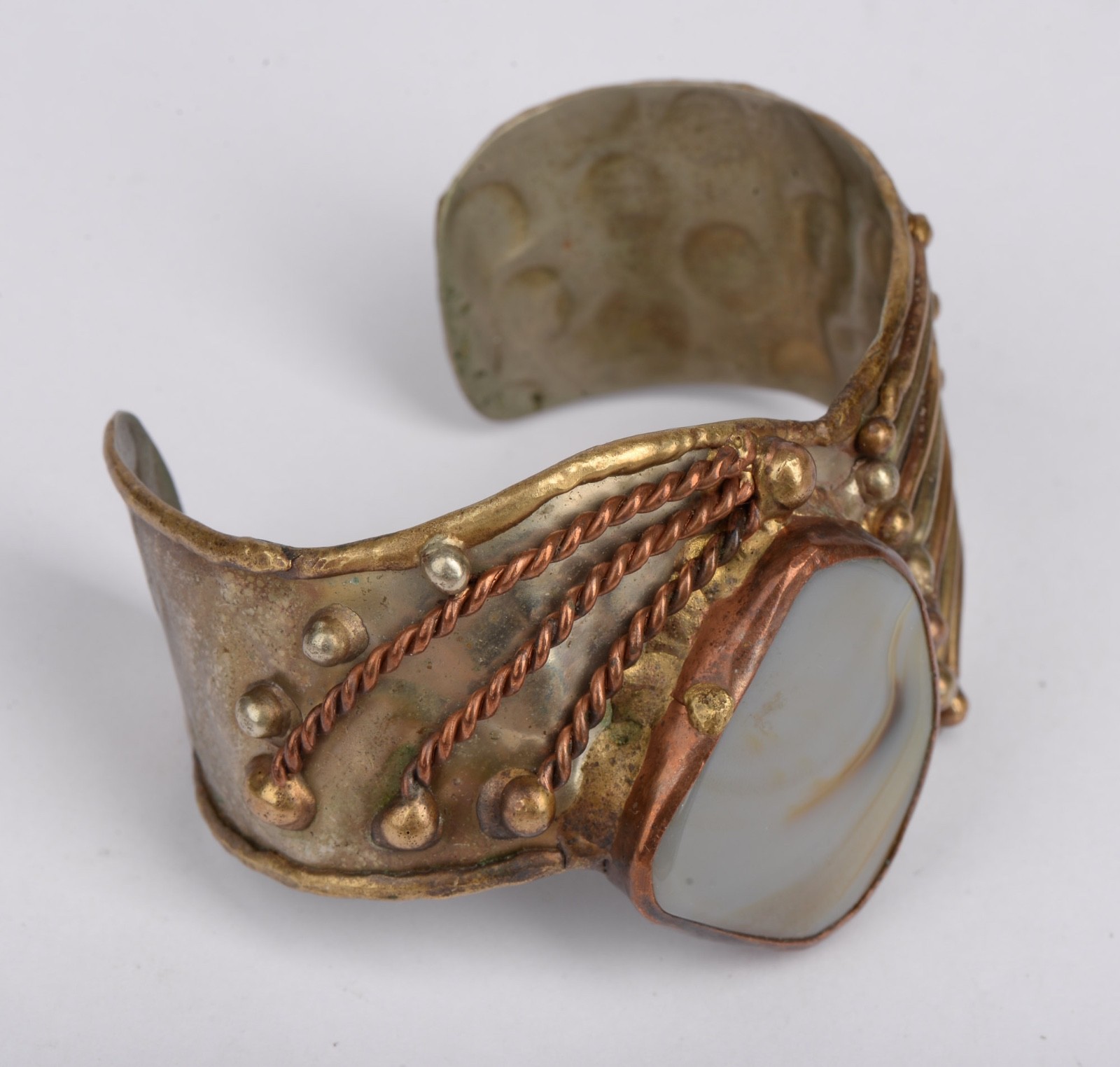 Vintage Mixed Metal Agate Stone Cuff Bracelet Artisan Boho 2.5″