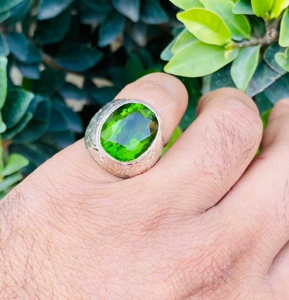 Very Big Peridot Stone Ring Big Vivid Green Peridot For Men Engraved Ring Silver