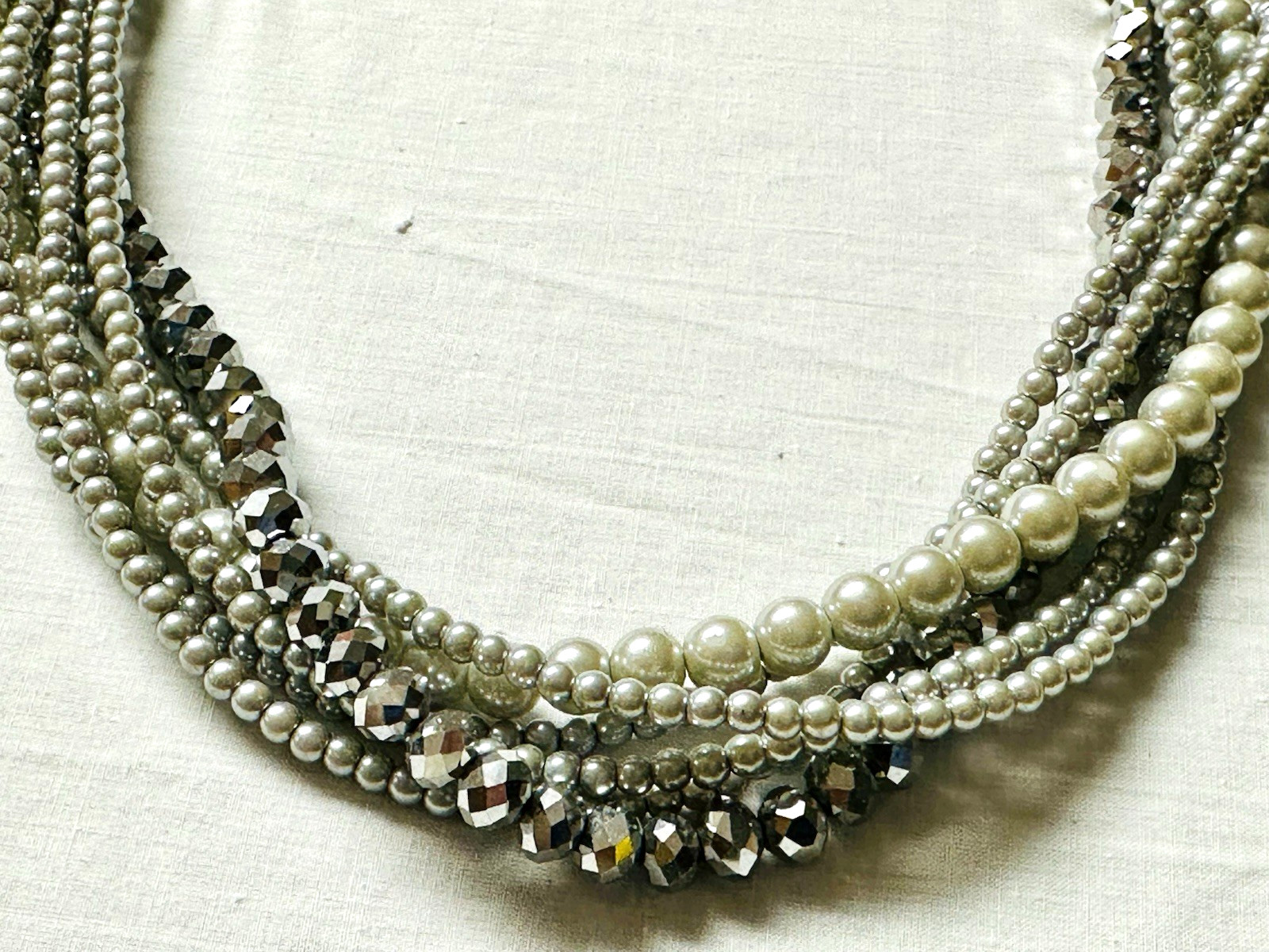 Vintage Style Multi Strand Faux Pearl Silvery Glass Bead Torsade Necklace n0175