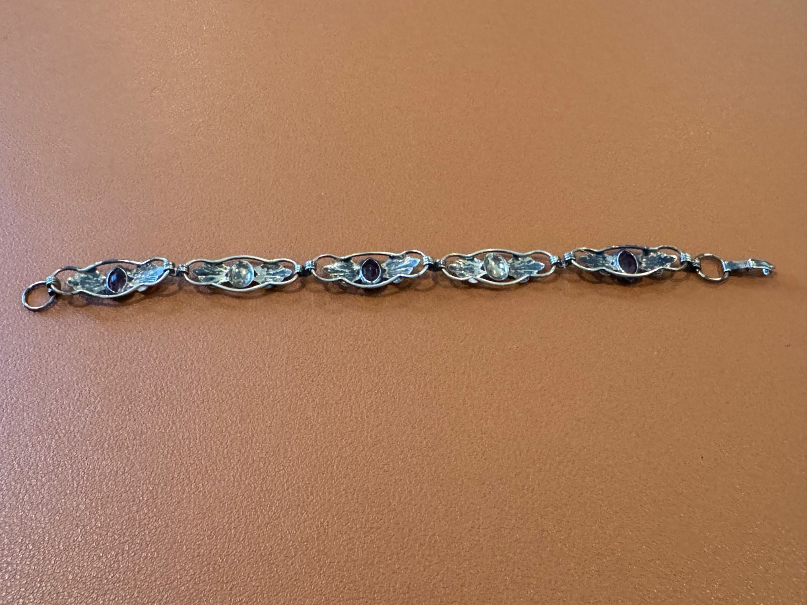 Vtg Antique Gold on Sterling Silver Bracelet w/ Faceted Purple Glass or Stones