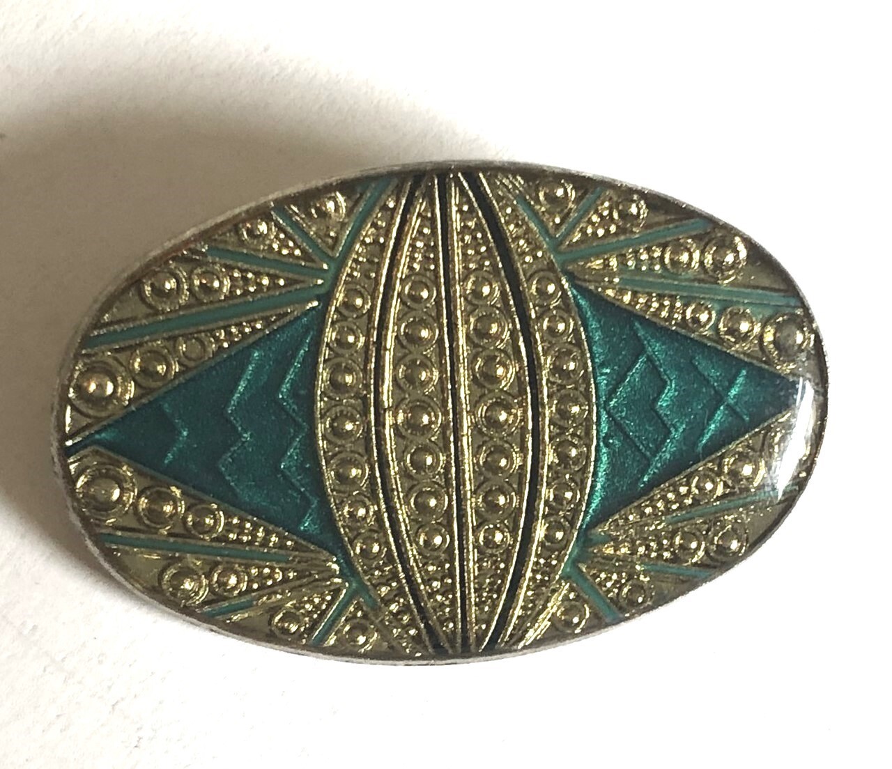 Vintage Art Deco Style Brooch Green Gold Enamel Lucite made in Taiwan