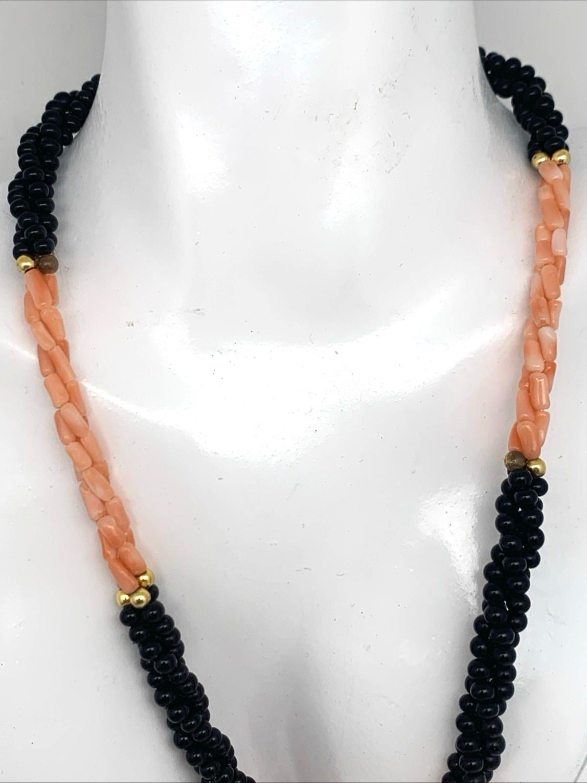 Vintage Twisted 3 Strand Coral & Onyx Beaded 30″ Necklace