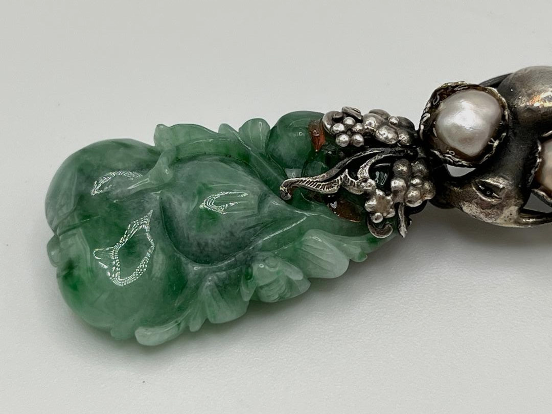 Estate Vtg Chinese Export Carved Green Jadeite Jade 925 Sterling Silver Brooch
