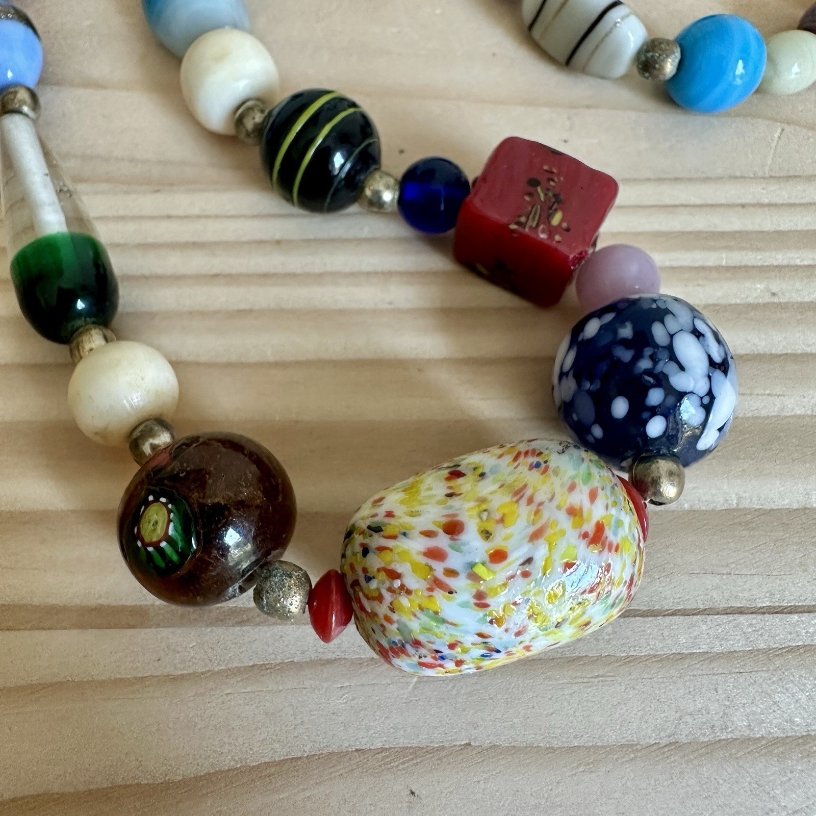 VTG Beaded Necklace 22 Inch Artisan Lamp Art Glass Multicolor Freeform Hippie