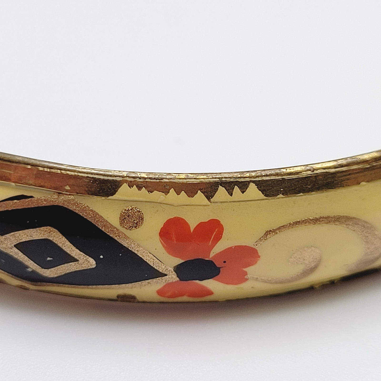 Hand Painted Cream Green Gold Enamel Vintage Bangle Brass Tone Bracelet 9 Inch
