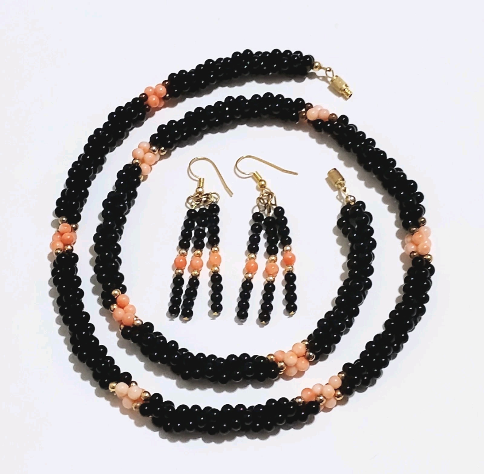 Vintage Black Onyx & Coral Necklace & Earrings Set Twisted Rope Pierced Dangle