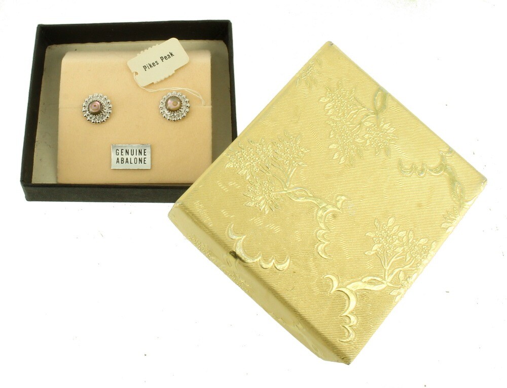 Vintage 1950’s Abalone Pikes Peak Colorado Silver Plated Post Earrings Orig Box