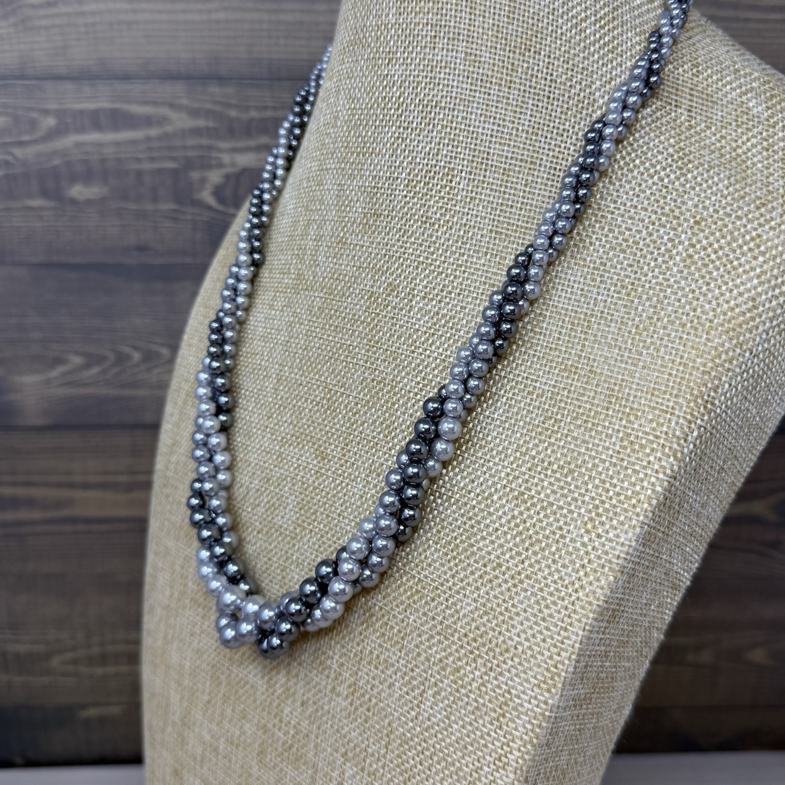 3 Strand Twisted Faux Gray Graduated Pearl Bead Necklace and Earring Set