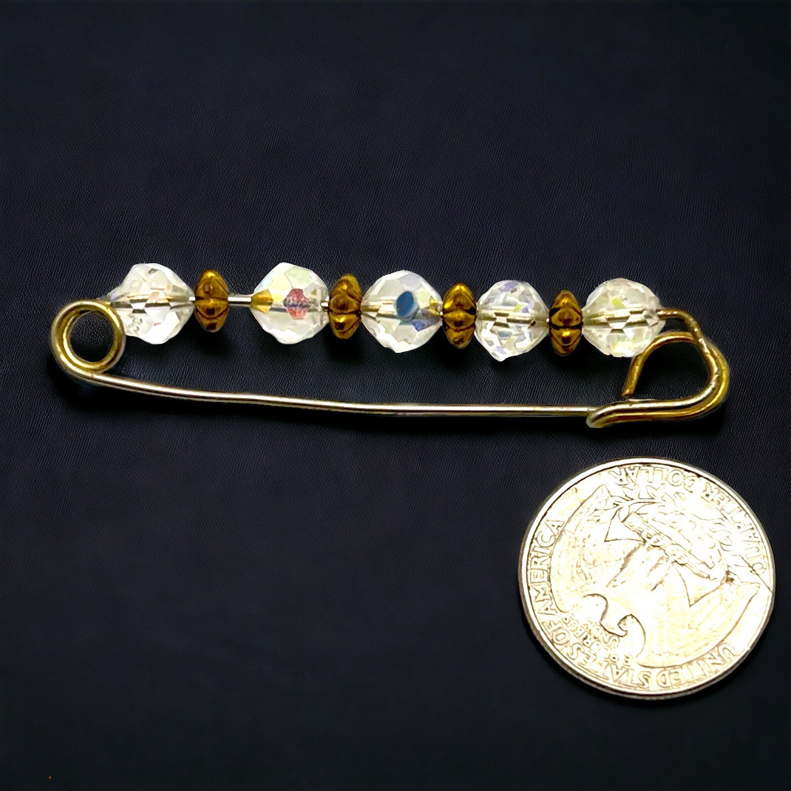 Aurora Borealis Kilt Pin Crystal Glass Bead Sweater Brooch Gold Tone