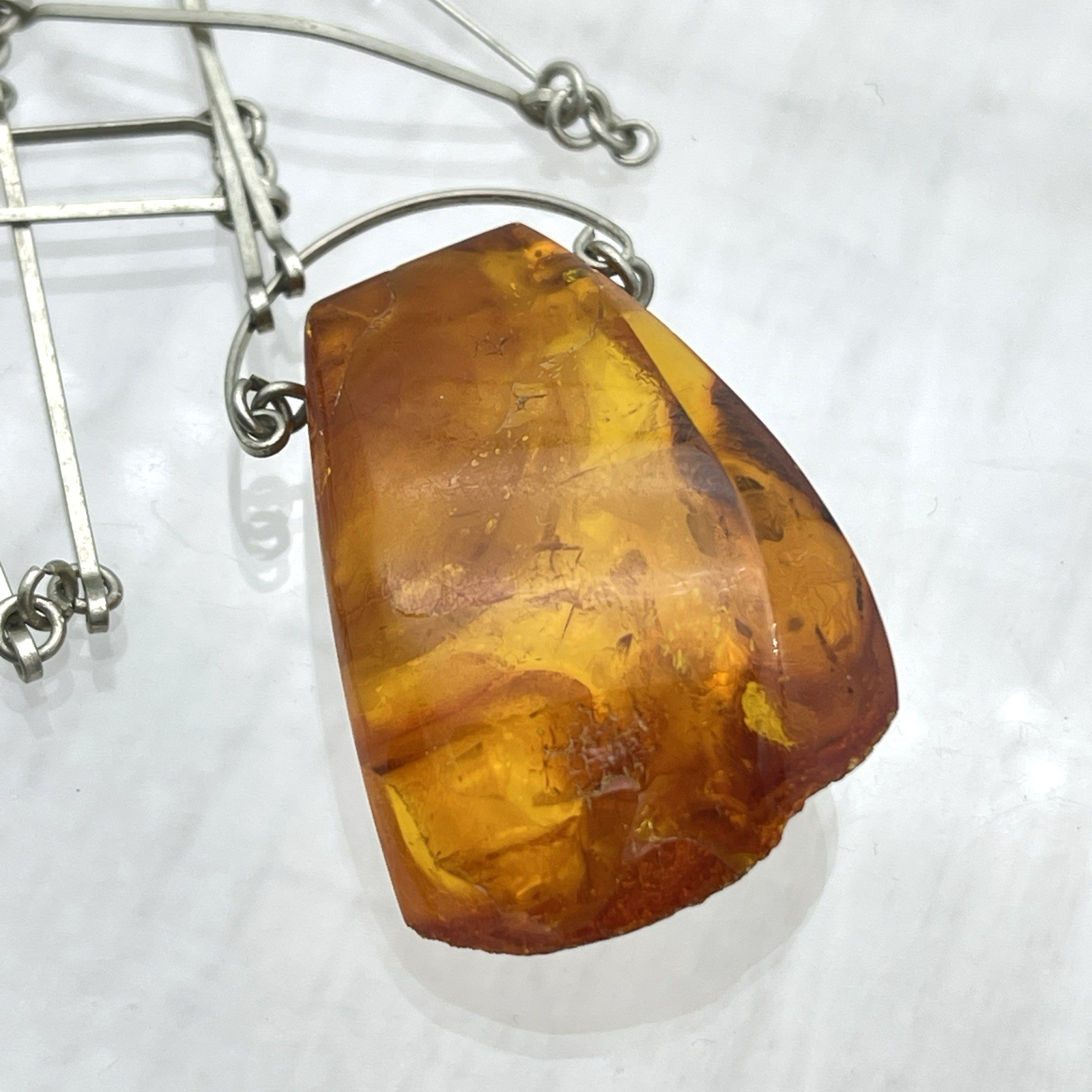 Genuine Baltic Amber Pendant Necklace Vintage Modernist Artisan Wire Chain Honey