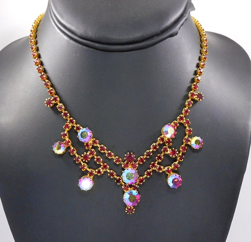 Vintage Signed Austria Crystal AB Red Rhinestone Prong Set Bib Collar Necklace