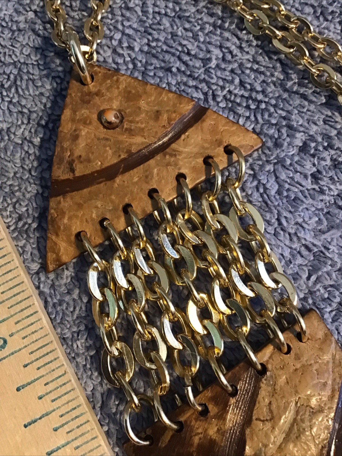 Vtg Fish Necklace HUGE Gold Tone Chain Link ARTICULATED Scales Nautical Beach