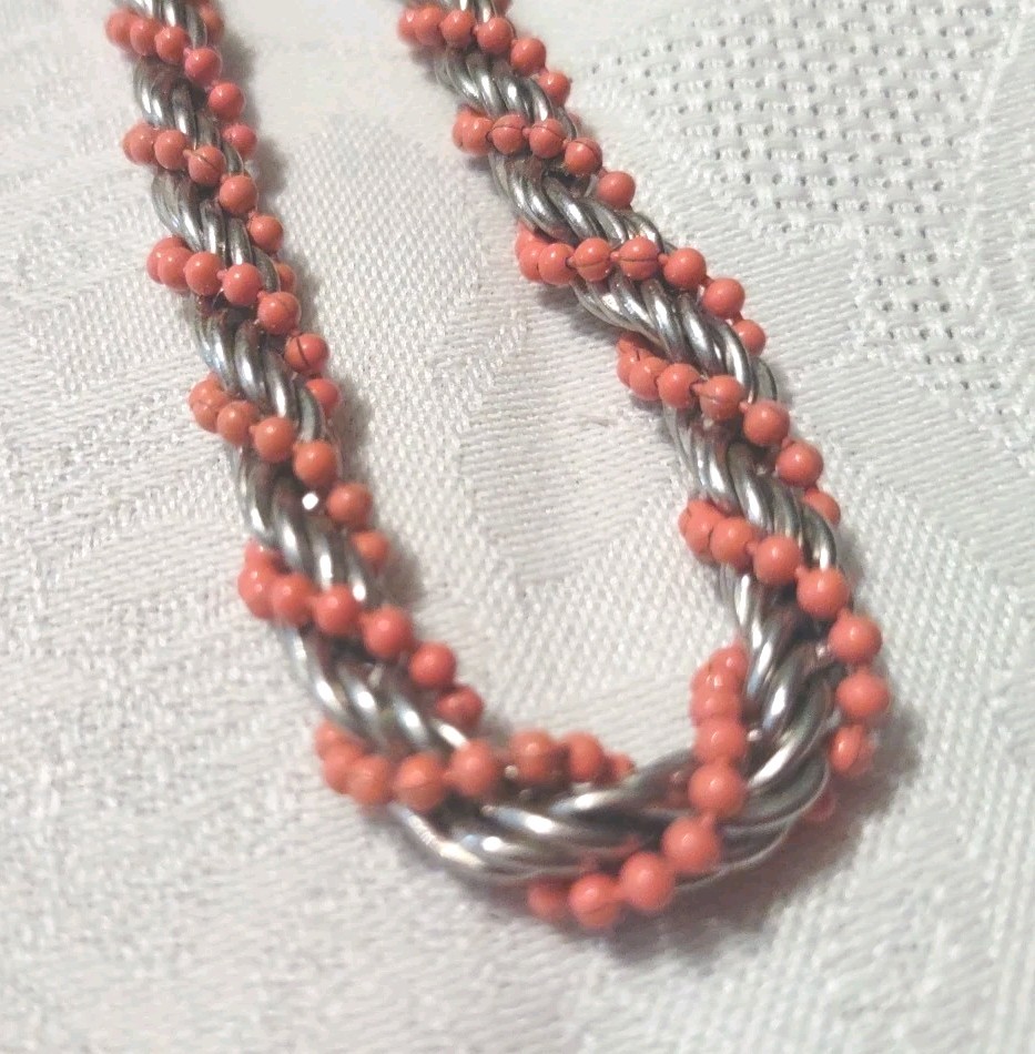 vintage faux coral bead silver tone twist choker 17.5 in