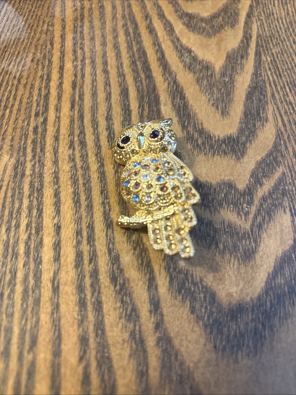 Monet Owl Brooch. Gold Tone Onyx Eyes Multi Color Stones