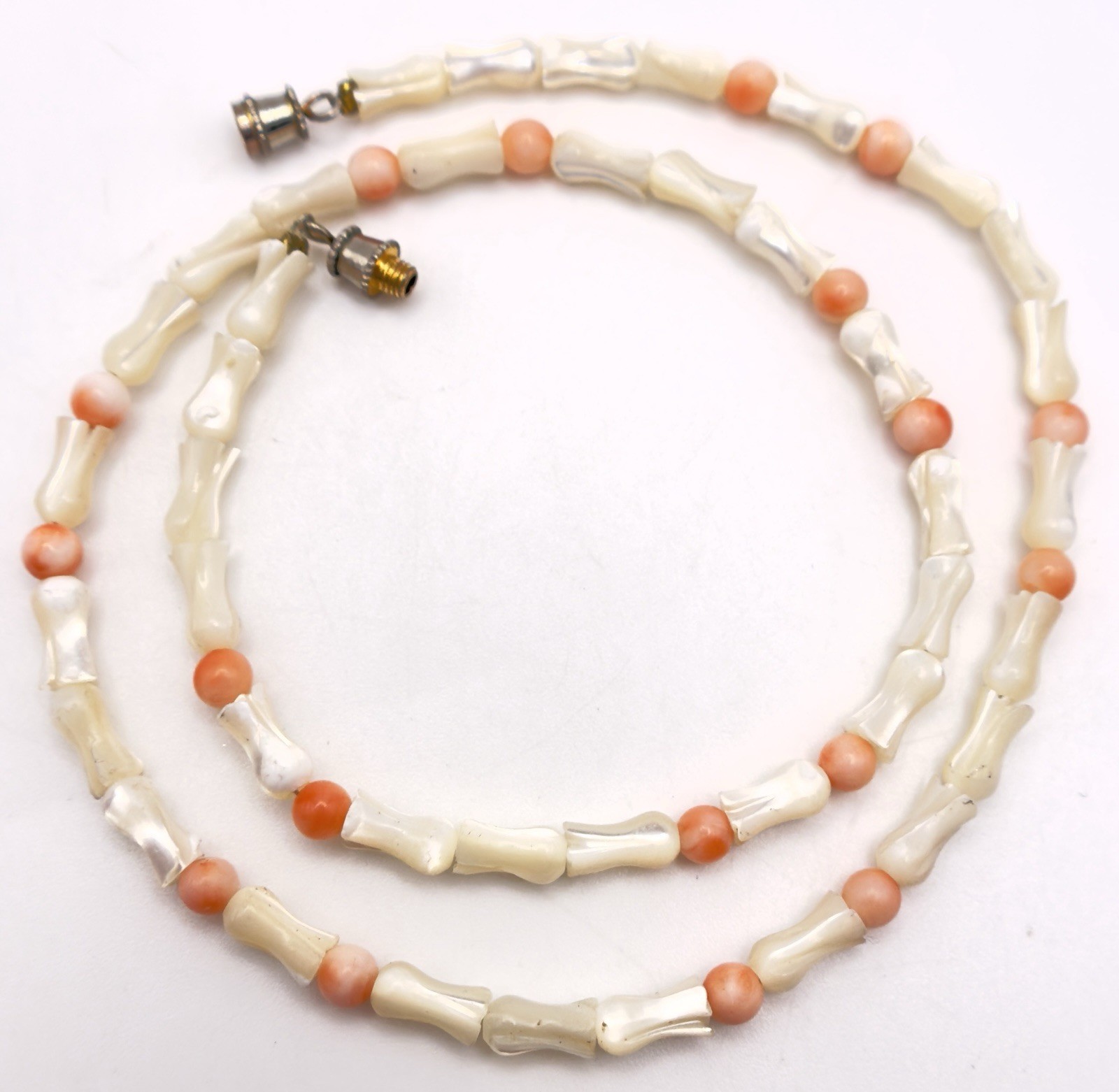 Vintage Angel Skin Coral Mother of Pearl Carved Tulips Necklace 16.5 in