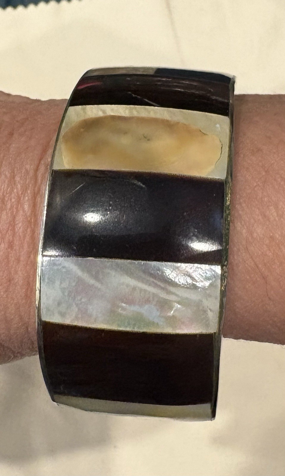 Vintage Silver Tone With Shell And Stone Inlay Cuff Bracelet, 2.5 inch diameter