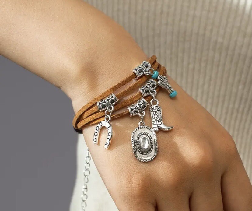 Western Cowboy Pendant Bracelet With Brown Suede Tassels