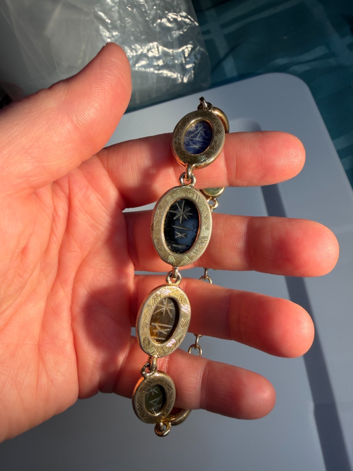 Vintage Multi Gemstone Egyptian Revival Scarab Link Bracelet Mid-Century Rainbow
