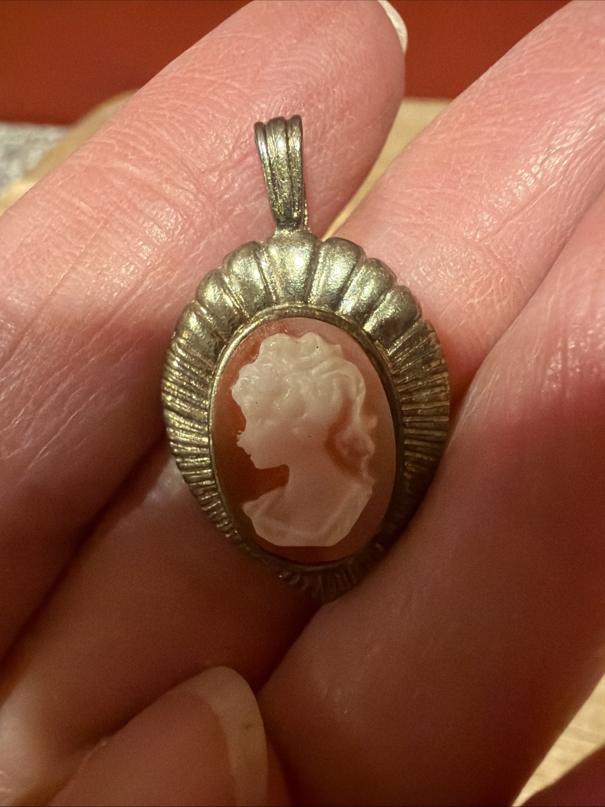 VINTAGE CAMEO LADY Gold Tone Orange & Cream Colored Carved Pendant For Necklace