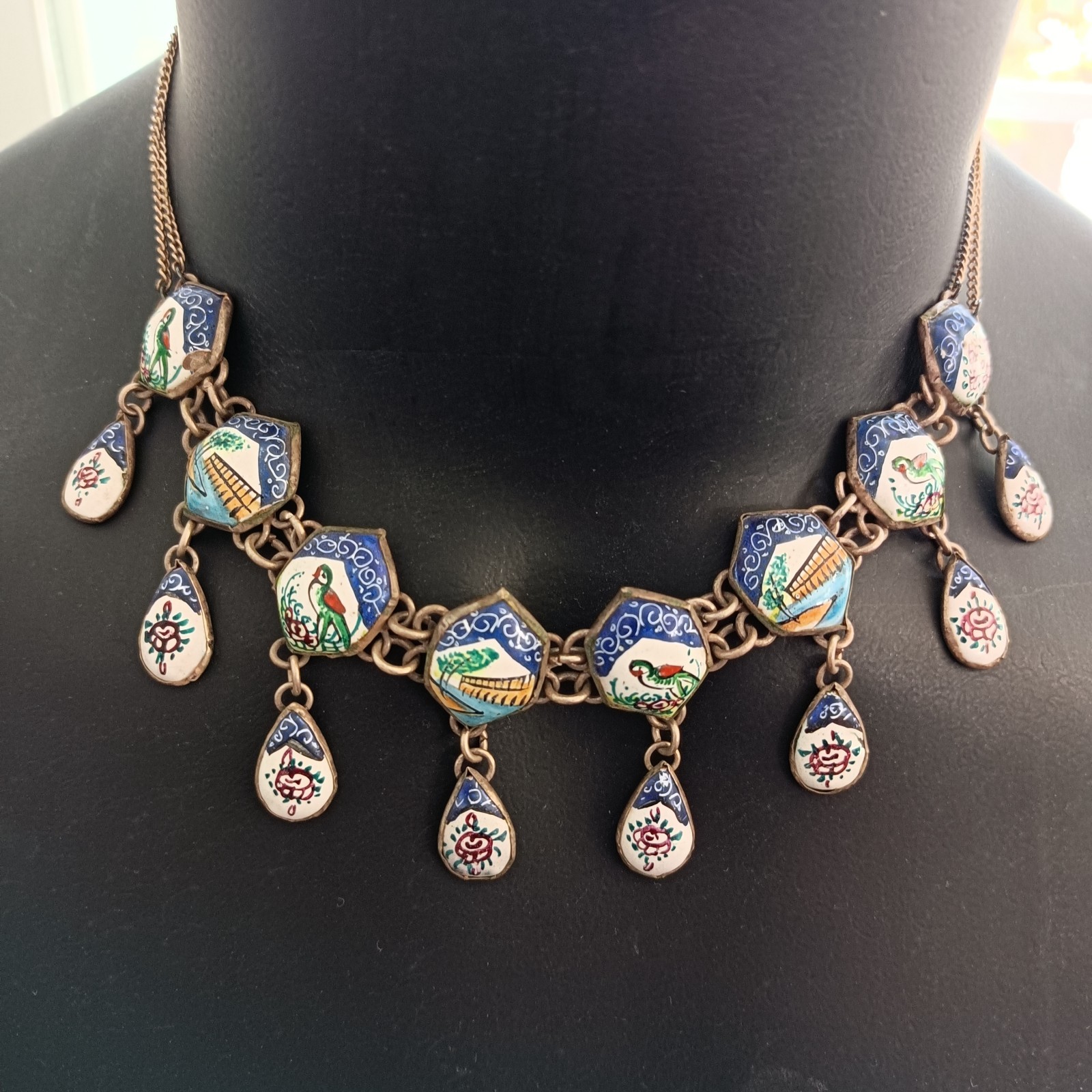 Boho Folk Art Middle Eastern Enamel Chandelier Necklace Blue Birds Landscape VTG