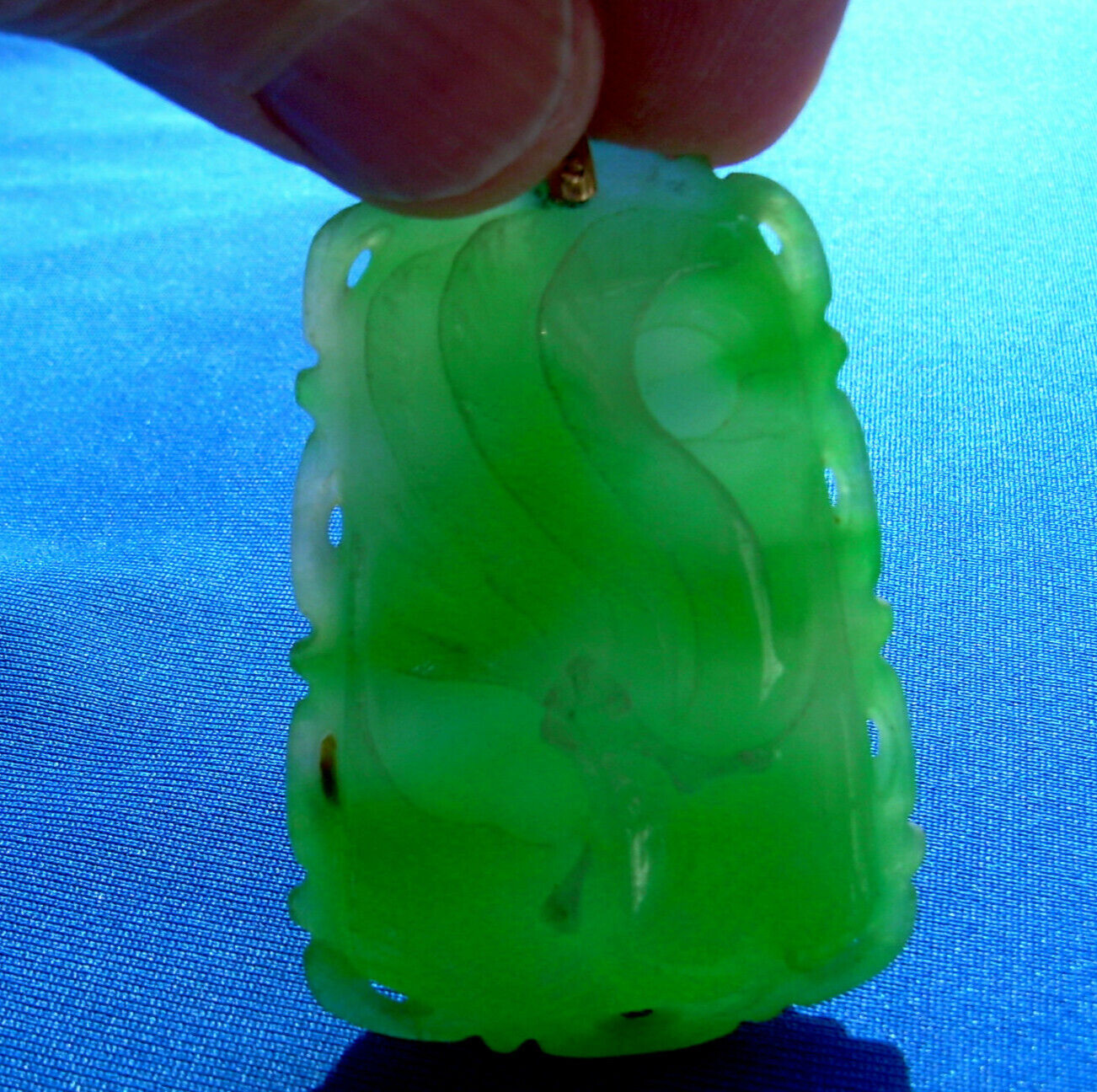 EARTH MINED Jadeite JADE Vintage Carve Dragon Pendant Green Translucent 14K GOLD